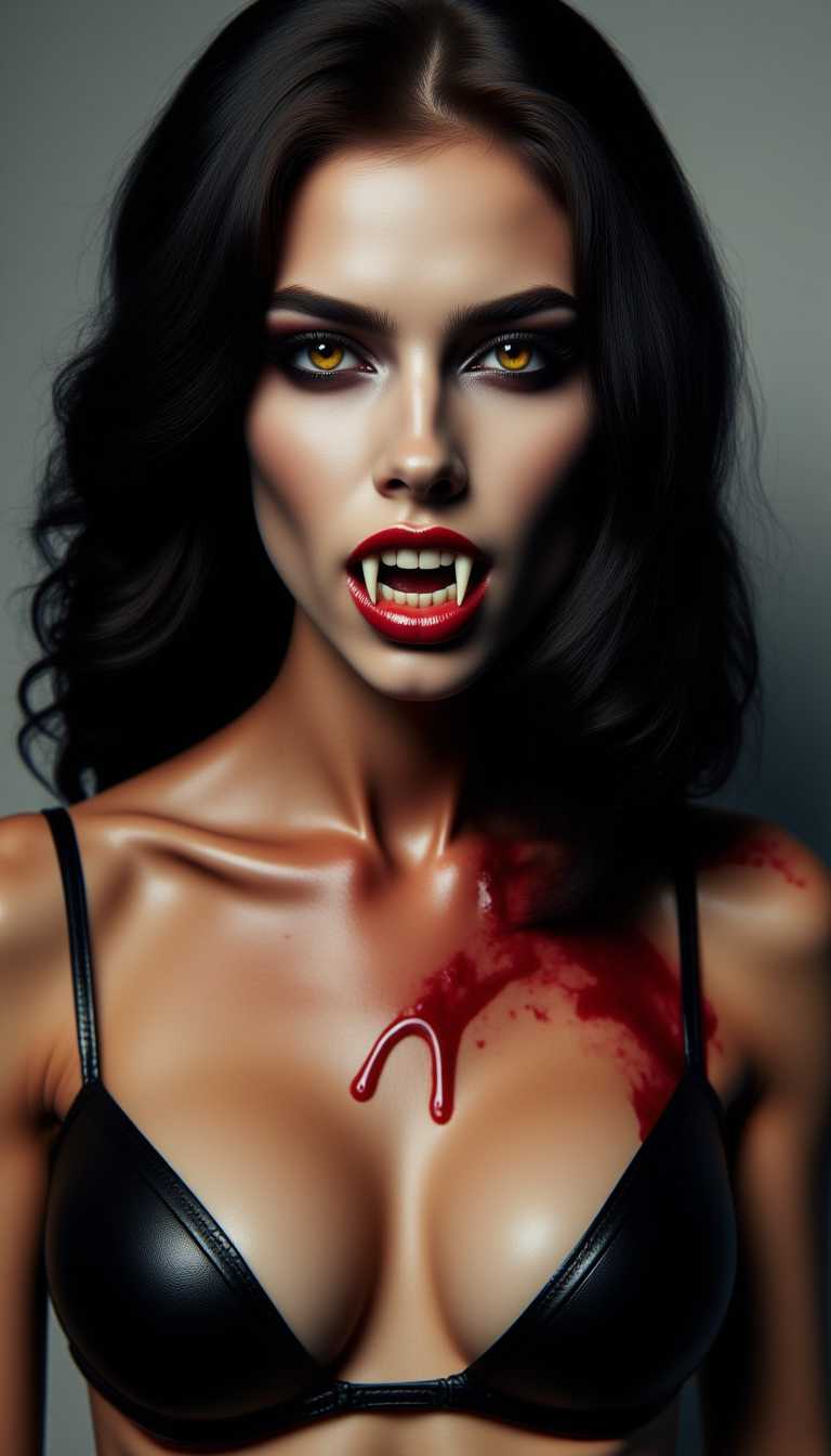 VAMP, full body ultra realistic young female vampire, leather bikini, long canines teeth fangs, vampire teeth, blood, angry looking, high detailed skin and eyes, post apocalyptic background