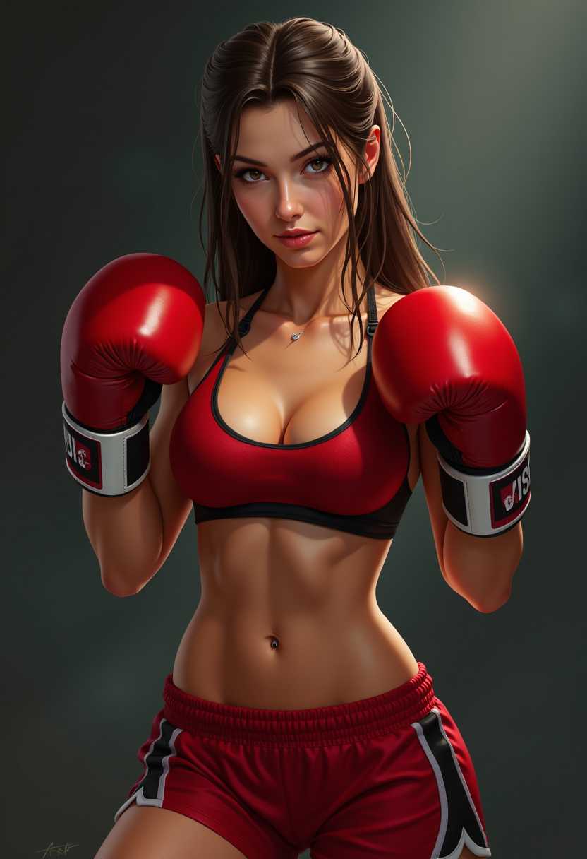 This image is a digitally created artwork that captures a female figure in a dynamic and powerful stance. The art style is realistic with a focus on the muscular definition and the wet, glistening skin, which gives the image a sense of movement and intensity.The medium appears to be a highresolution digital painting, given the smooth gradients and the fine details in the textures. The lighting is dramatic, with a spotlight effect that highlights the figure against a dark background, which adds to the overall impact of the image.The colors are bold and vibrant, with a predominance of reds and oranges that give the image a fiery and passionate feel. The figures skin is a rich, warm brown, and the red boxing gloves stand out against the red sports bra and shorts. The background is a dark, smoky gray, which contrasts sharply with the bright colors of the figure.The objects in the image are primarily sports equipment related to boxing. The figure is wearing a red sports bra with black detailing and red shorts with white and black detailing. She is also wearing red boxing gloves with white and black detailing. The gloves have a realistic texture and padding, and the straps are fastened securely around her wrists. The figures hair is long and wet, hanging down her back, and she has a piercing in her belly button. The overall composition of the image conveys strength, determination, and a competitive spirit.