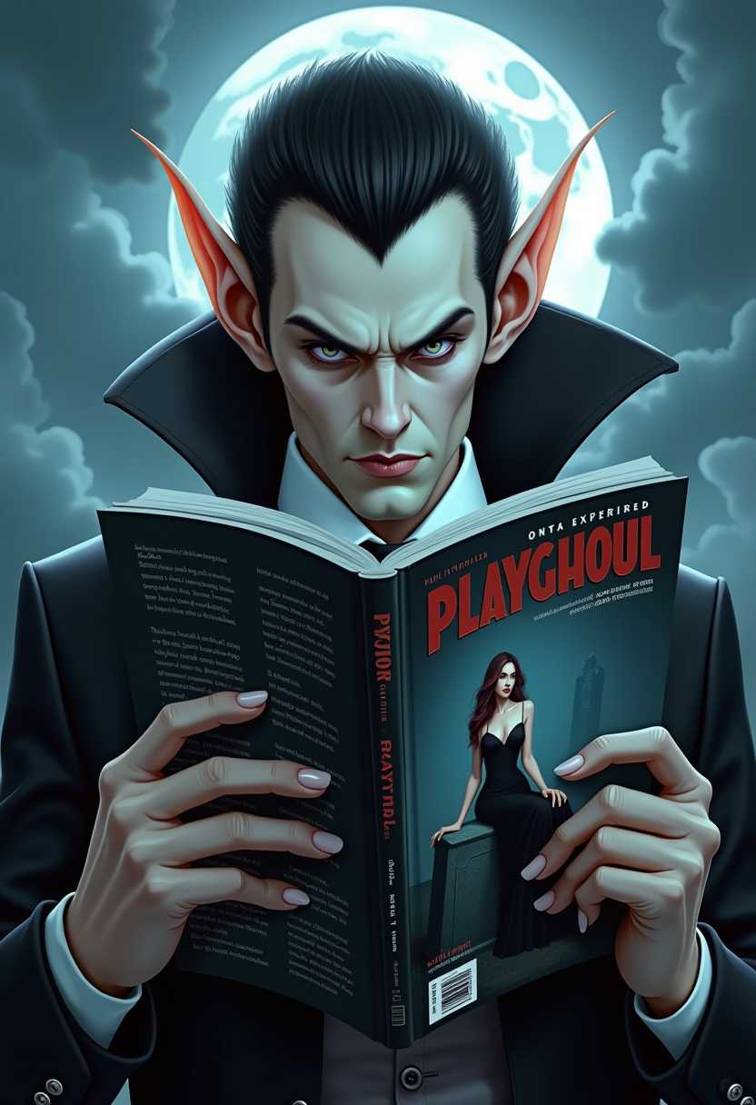 This image is a digitally created artwork that features a man, dracula with exaggerated features reminiscent of a vampire or a fantasy creature. The character is reading holding a magazine with the title PLAYGHOUL on the cover, which is a nod to the horror and fantasy genre. The art style is realistic with a touch of surrealism, as the characters ears are elongated and pointed, which is not a common feature in everyday human anatomy.The medium appears to be digital painting, as evidenced by the smooth blending of colors and the lack of texture that might be present in traditional mediums like oil or acrylic paints. The colors are rich and moody, with a predominance of dark blues and blacks that give the image a gothic feel. The background is a cloudy sky with a full moon, which further enhances the nighttime, mysterious atmosphere.The objects in the image include the magazine, which is the central focus, and the characters hands, which are holding the magazine. The character is also wearing a dark, formal outfit with a high collar, which is often associated with vampire lore. The magazines cover features a woman in a black dress, seated on a tombstone, which is a common trope in horror and fantasy imagery. The overall composition of the image is balanced, with the magazine and the characters hands drawing the viewers eye directly to the title and the characters face.
