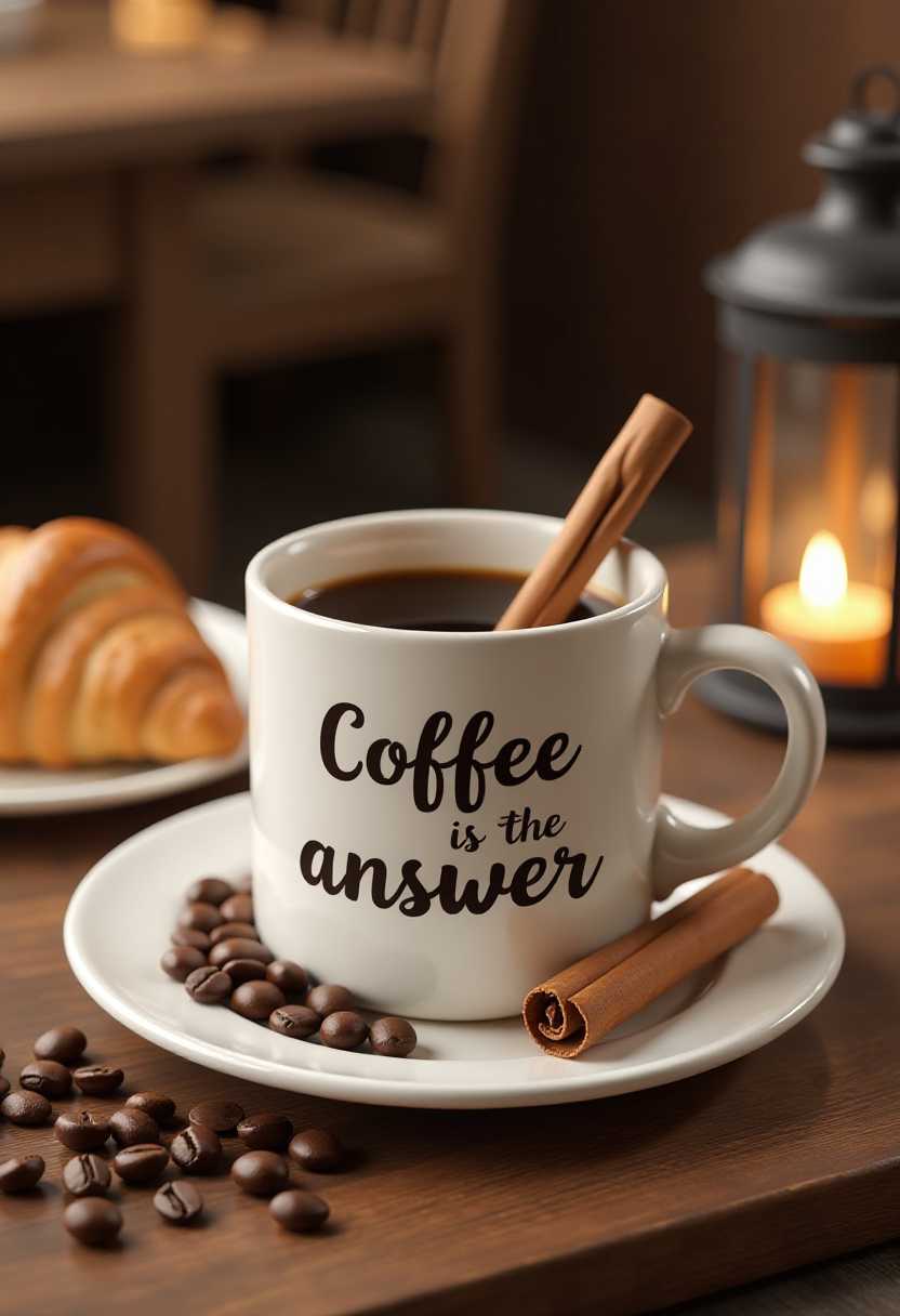 A 3D render of a coffee mug with the text "Coffee is the answer". The mug is filled with coffee and has a cinnamon stick and a spoon. There are coffee beans beside the mug. There is a plate with a croissant and a cookie beside the mug. The background is a rustic scene with a wooden table, a chair, and a lantern.