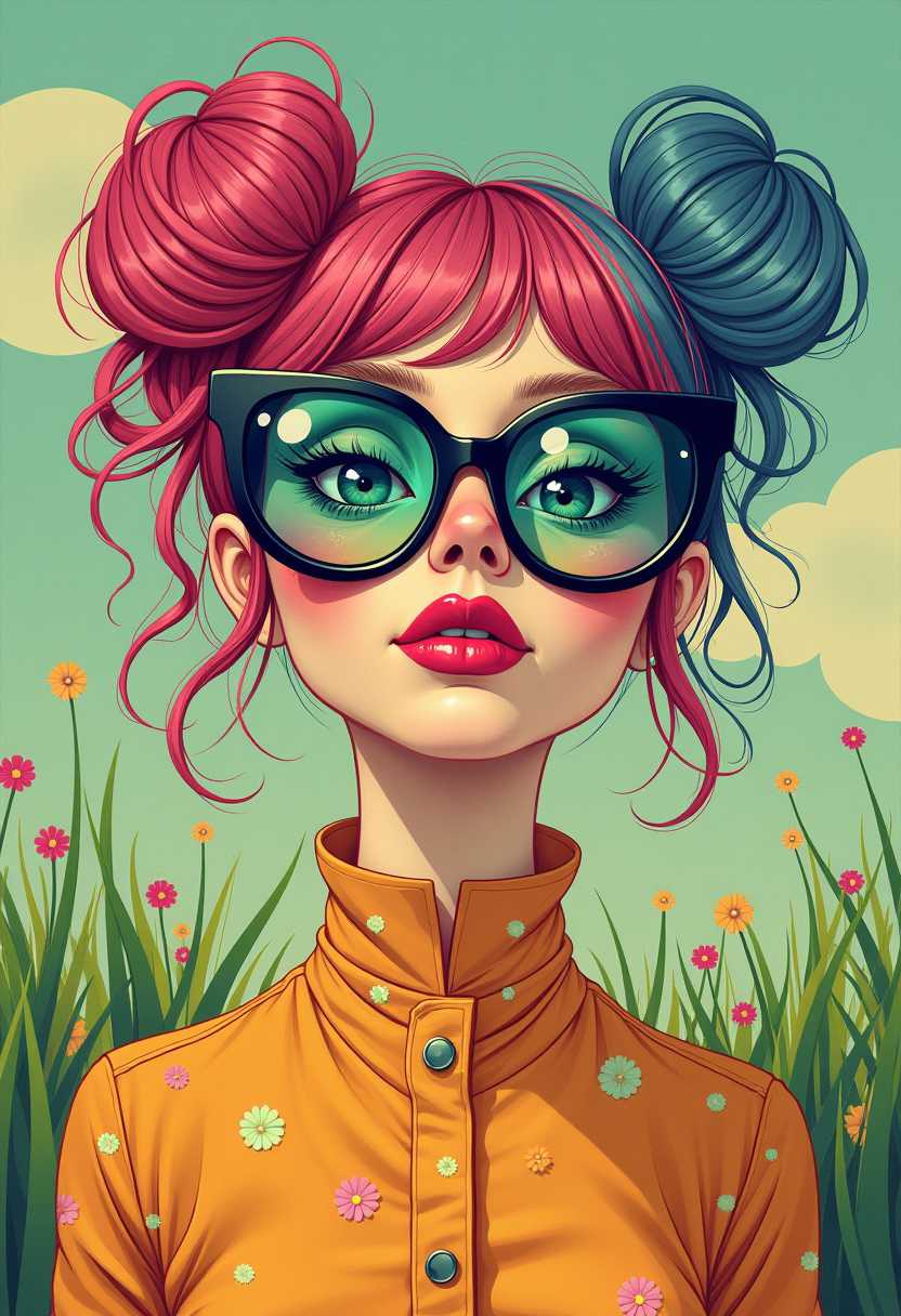 large glasses, surreal fashion, bright colours, abstract design, whimsical aesthetic, vibrant hues, quirky, playful, pop art, , eccentric fashion, fantasy portrait, retro vibes, grass, vibrant, illustration