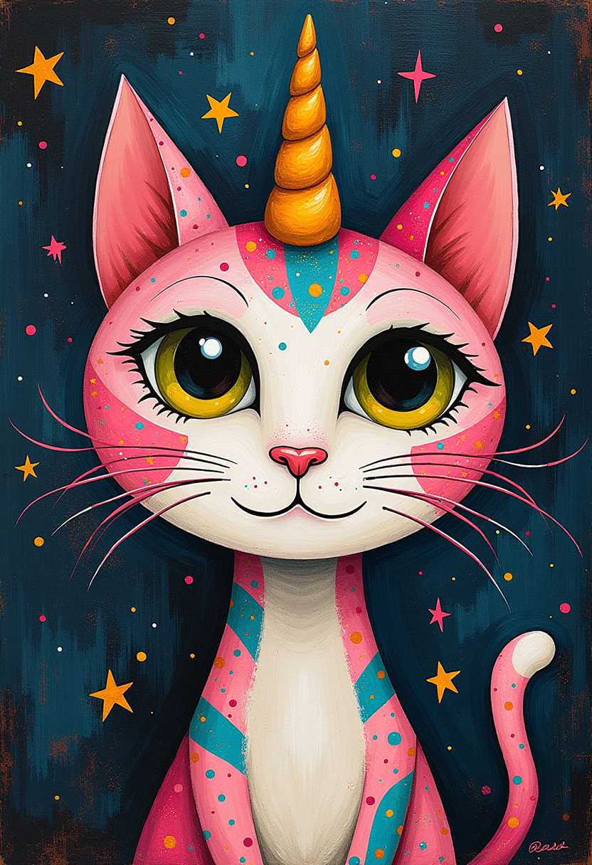 unicorn cat with a cat's face, naïve art, outsider art, razzle dazzle, Mish mash of art styles, funk art