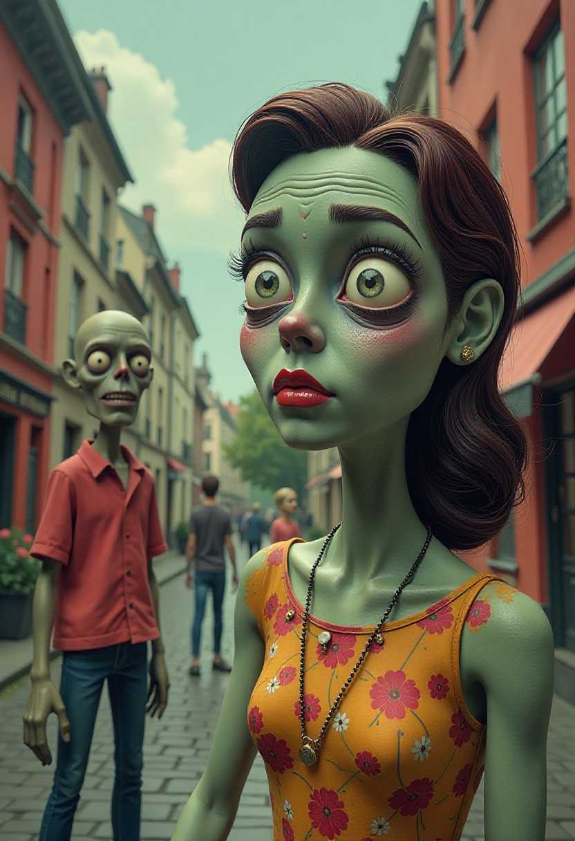 This image features simplified 3d cartoon characters and scenery that appears to be painted wooden figures or puppets without strings characterized by bold outlines, flat colors, and exaggerated shapes. A beautiful 1950s zombies in decayed paris scene, including closeup face portrait of an attractive female zombie