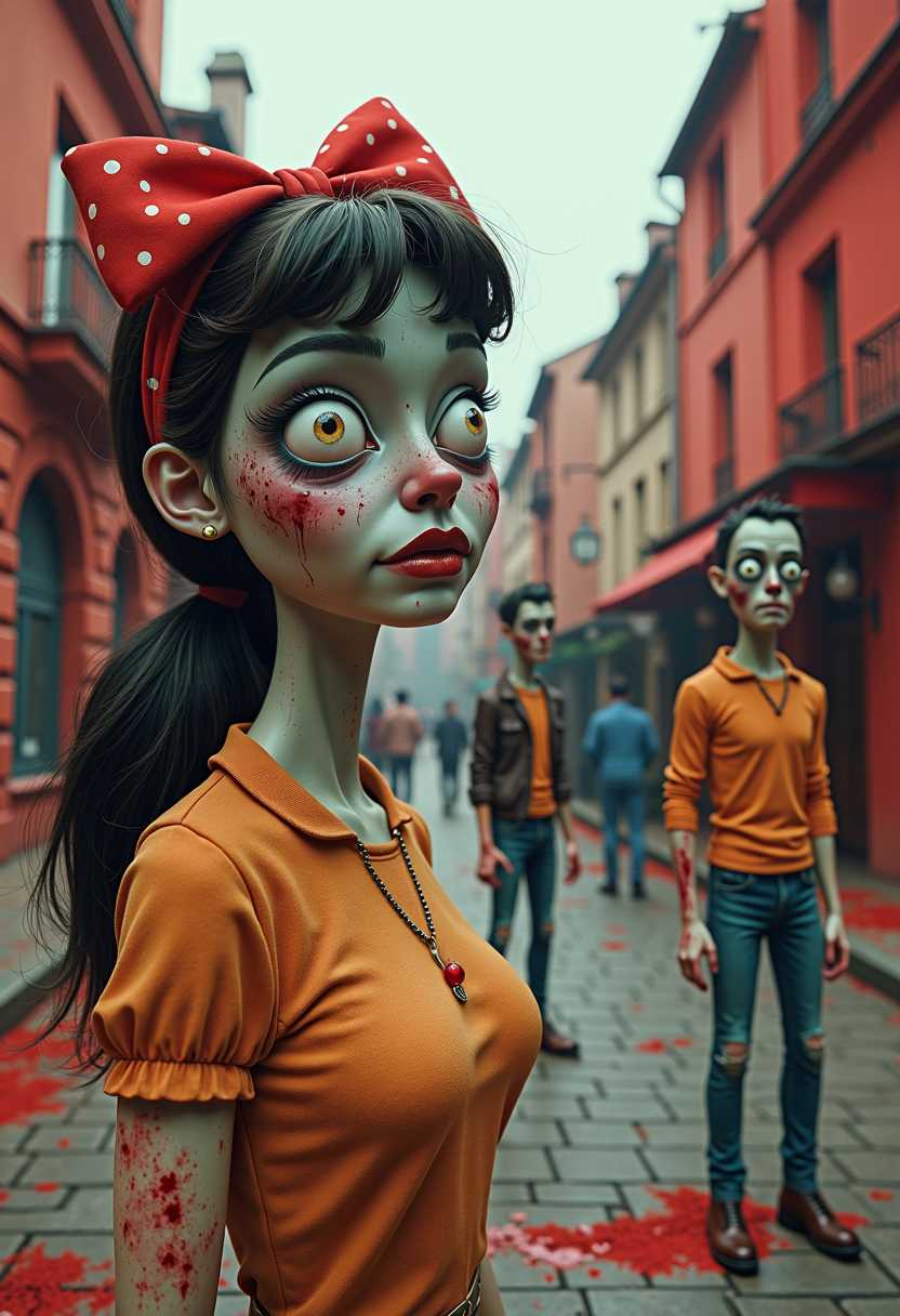 masterpiece, best quality, highres, sharp image, more detail <lora:more_details:0.5> <lora:SDXLrender_v2.0:1>, masterpiece, best quality, highres, sharp image, more detail <lora:more_details:0.5> <lora:SDXLrender_v2.0:1>This image features simplified 3d cartoon characters and scenery that appears to be painted wooden figures or puppets without strings characterized by bold outlines, flat colors, and exaggerated shapes. A beautiful 1950s zombies in decayed paris scene, including closeup face portrait of an attractive female zombie