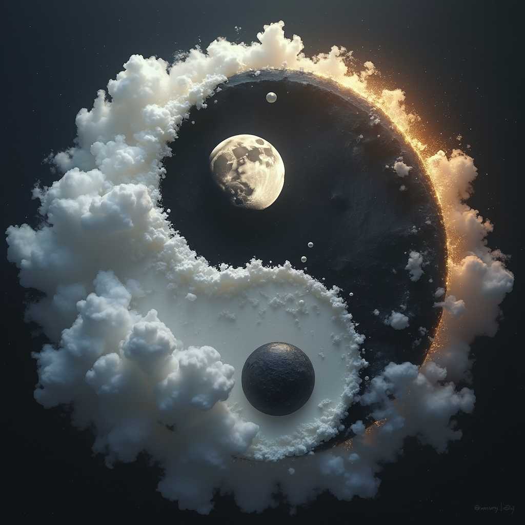 An image of the Yin and Yang symbol where the dark dot in the white part is an image of the earth and the light dot in the dark part is an image of the full moon. covered in clouds, dark background