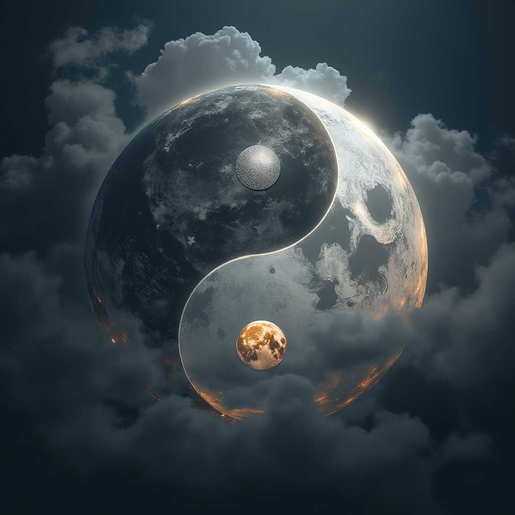 An image of the Yin and Yang symbol where the dark dot in the white part is an image of the earth and the light dot in the dark part is an image of the full moon. covered in clouds, dark background