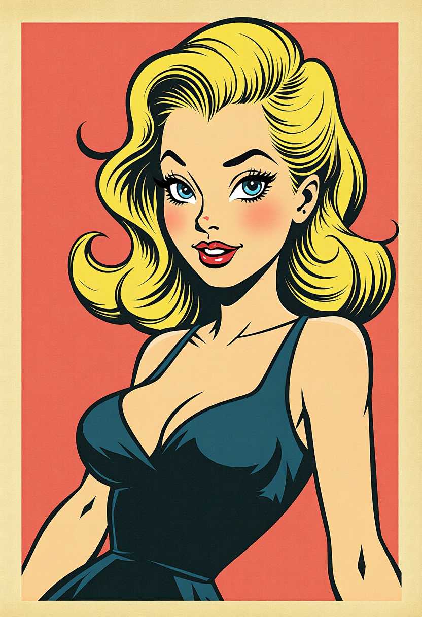 This image is a vintage comic book panel, characterized by its bold lines, flat colors, and dramatic presentation. The medium is a form of print illustration, specifically a comic strip, which is a sequence of panels that tell a story or sequence of events.The art style is reminiscent of the 1940s to 1960s American comic book era, known for its exaggerated features and dynamic compositions. The character depicted is a woman with voluminous blonde hair, styled in a fashion that is reminiscent of the pinup era, which was popular during the same time period. The hair is drawn with thick, curvilinear lines that give it a sense of movement and volume.The woman is shown from the waist up, with her right arm extended and her hand holding what appears to be a gun.