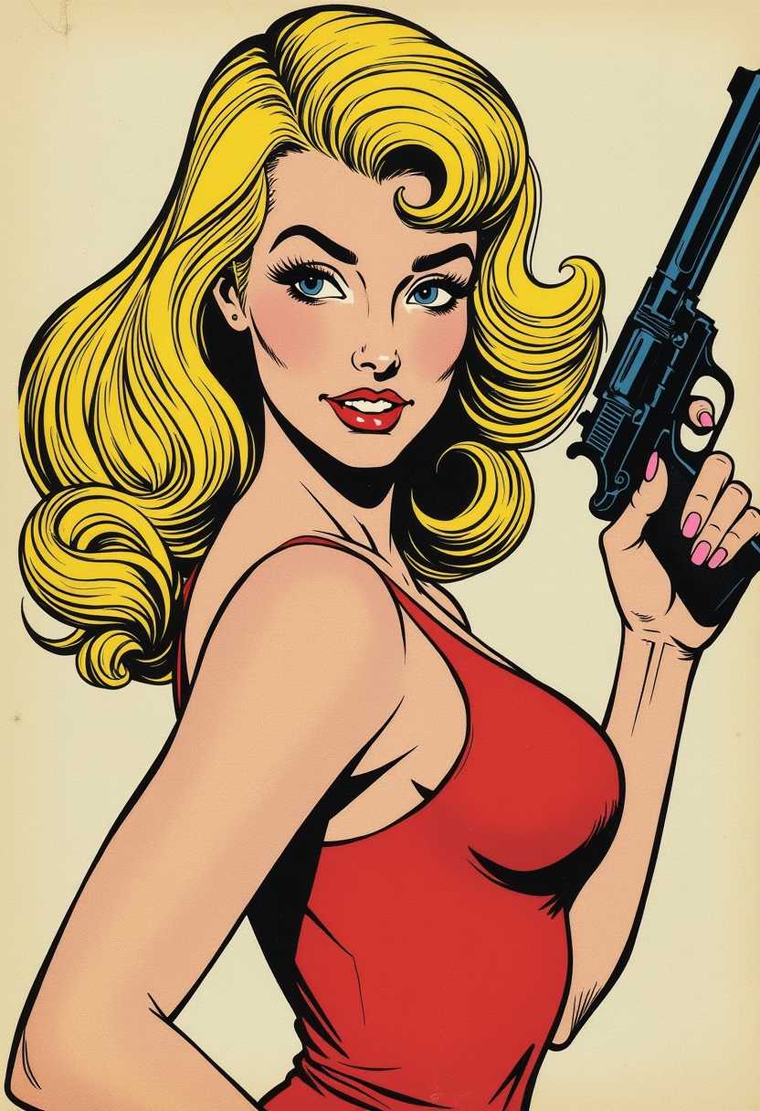 This image is a vintage comic book panel, characterized by its bold lines, flat colors, and dramatic presentation. The medium is a form of print illustration, specifically a comic strip, which is a sequence of panels that tell a story or sequence of events.The art style is reminiscent of the 1940s to 1960s American comic book era, known for its exaggerated features and dynamic compositions. The character depicted is a woman with voluminous blonde hair, styled in a fashion that is reminiscent of the pinup era, which was popular during the same time period. The hair is drawn with thick, curvilinear lines that give it a sense of movement and volume.The woman is shown from the waist up, with her right arm extended and her hand holding what appears to be a gun.