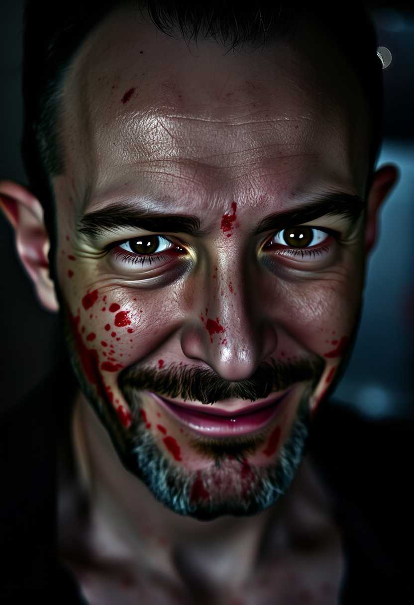 Portrait of MONZI 2 as a man with an intensely expressive look, characterized by a half-smile that hints at a sinister, psychopathic demeanor. The man is covered in splatters of vibrant red blood, creating a stark contrast against his pale skin. His eyes are wide and piercing, adding to the unnerving aura. This close-up shot captures every detail of his face, with high-definition clarity showcasing the texture of his skin, the gleam in his eyes, and the subtle curl of his smile. The background is a shadowy, blurred bokeh effect, emphasizing the subject's chilling presence. The image is styled in a hyper-realistic photographic technique, with dramatic lighting casting deep shadows that enhance the intense atmosphere. The composition focuses on the subject's face from a frontal angle, ensuring that the viewer's attention remains on the haunting expression. The mood is tense and unsettling, with a dimly lit environment that adds a foreboding quality to the scene.