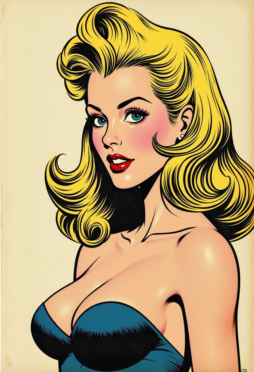 This image is a vintage comic book panel, characterized by its bold lines, flat colors, and dramatic presentation. The medium is a form of print illustration, specifically a comic strip, which is a sequence of panels that tell a story or sequence of events.The art style is reminiscent of the 1940s to 1960s American comic book era, known for its exaggerated features and dynamic compositions. The character depicted is a woman with voluminous blonde hair, styled in a fashion that is reminiscent of the pinup era, which was popular during the same time period. The hair is drawn with thick, curvilinear lines that give it a sense of movement and volume.The woman is shown from the waist up, with her right arm extended and her hand holding what appears to be a gun.