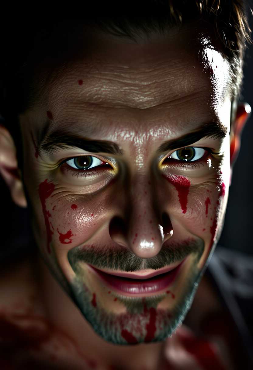 Portrait of MONZI 2 as a man with an intensely expressive look, characterized by a half-smile that hints at a sinister, psychopathic demeanor. The man is covered in splatters of vibrant red blood, creating a stark contrast against his pale skin. His eyes are wide and piercing, adding to the unnerving aura. This close-up shot captures every detail of his face, with high-definition clarity showcasing the texture of his skin, the gleam in his eyes, and the subtle curl of his smile. The background is a shadowy, blurred bokeh effect, emphasizing the subject's chilling presence. The image is styled in a hyper-realistic photographic technique, with dramatic lighting casting deep shadows that enhance the intense atmosphere. The composition focuses on the subject's face from a frontal angle, ensuring that the viewer's attention remains on the haunting expression. The mood is tense and unsettling, with a dimly lit environment that adds a foreboding quality to the scene.