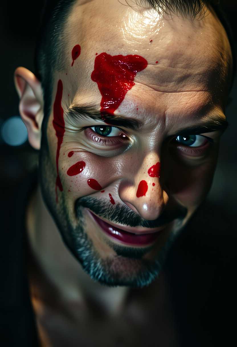 Portrait of MONZI 2 as a man with an intensely expressive look, characterized by a half-smile that hints at a sinister, psychopathic demeanor. The man is covered in splatters of vibrant red blood, creating a stark contrast against his pale skin. His eyes are wide and piercing, adding to the unnerving aura. This close-up shot captures every detail of his face, with high-definition clarity showcasing the texture of his skin, the gleam in his eyes, and the subtle curl of his smile. The background is a shadowy, blurred bokeh effect, emphasizing the subject's chilling presence. The image is styled in a hyper-realistic photographic technique, with dramatic lighting casting deep shadows that enhance the intense atmosphere. The composition focuses on the subject's face from a frontal angle, ensuring that the viewer's attention remains on the haunting expression. The mood is tense and unsettling, with a dimly lit environment that adds a foreboding quality to the scene.