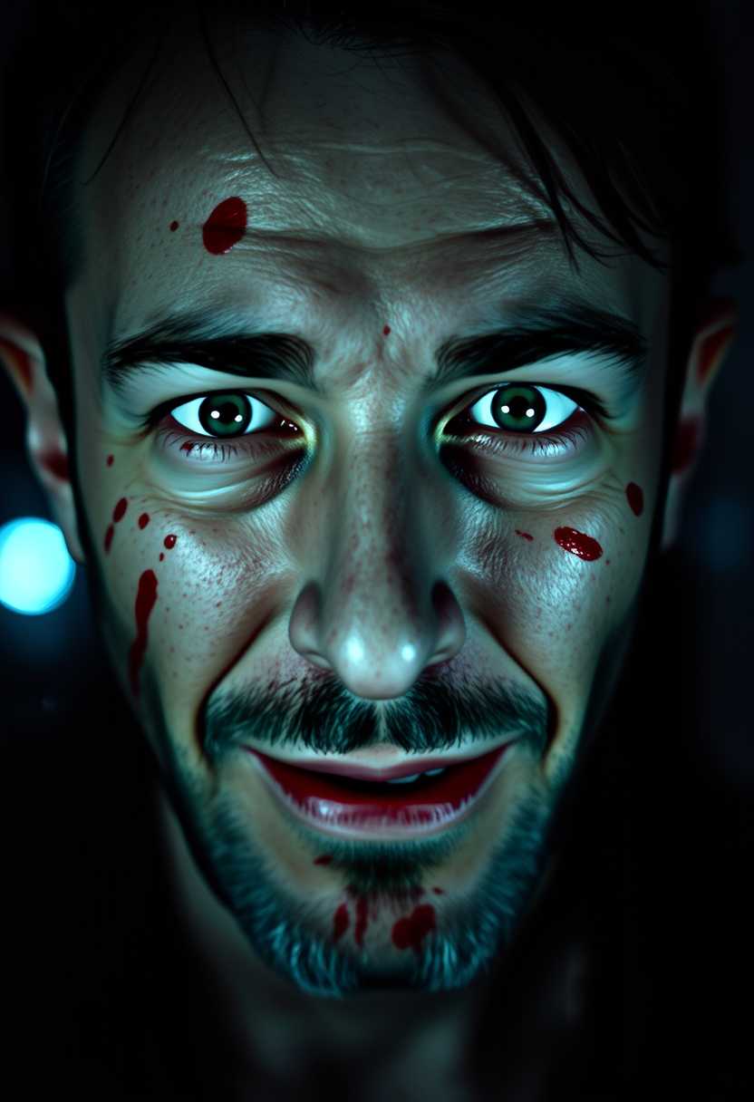 Portrait of MONZI 2 as a man with an intensely expressive look, characterized by a half-smile that hints at a sinister, psychopathic demeanor. The man is covered in splatters of vibrant red blood, creating a stark contrast against his pale skin. His eyes are wide and piercing, adding to the unnerving aura. This close-up shot captures every detail of his face, with high-definition clarity showcasing the texture of his skin, the gleam in his eyes, and the subtle curl of his smile. The background is a shadowy, blurred bokeh effect, emphasizing the subject's chilling presence. The image is styled in a hyper-realistic photographic technique, with dramatic lighting casting deep shadows that enhance the intense atmosphere. The composition focuses on the subject's face from a frontal angle, ensuring that the viewer's attention remains on the haunting expression. The mood is tense and unsettling, with a dimly lit environment that adds a foreboding quality to the scene.