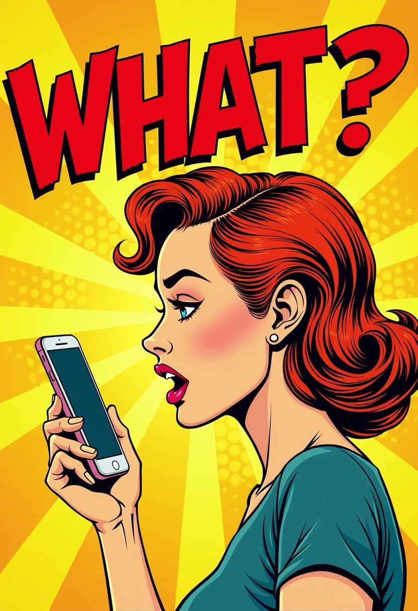 This image is a vibrant and dynamic illustration in the style of comic book art. The medium appears to be a combination of ink and color, with the lines and outlines being done in black ink, and the shading and coloring in a variety of bright, bold hues. The style is reminiscent of the 1950s and 1960s American comic book art, characterized by its exaggerated features, bold lines, and bright, primary colors.The subject of the image is a woman with red hair, styled in a classic 1950s fashion with waves and curls. She is depicted in profile, with her head turned to the side as she listens intently on an iPhone. The womans expression is one of surprise or confusion, as indicated by the large, bold lettering of WHAT? in red at the top of the image. The use of the exclamation mark and the large font size emphasize the intensity of her reaction.The background is a simple, flat yellow with radial lines radiating outward from the womans head, which is a common technique in comic book art to indicate sound or emphasis. The yellow background contrasts sharply with the red of the womans hair and the red of the word WHAT? This contrast not only highlights the subject but also adds to the dramatic effect of the image.Overall, the image conveys a sense of urgency and surprise through its use of color, composition, and typography, characteristic of the comic book art style.