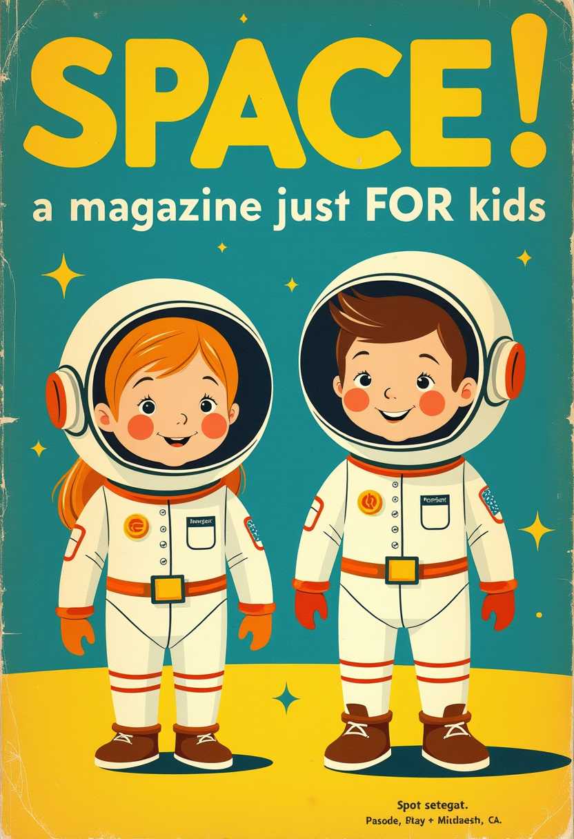 This image is a vintage magazine cover titled "SPACE! a magazine just FOR kids", with the issue number 8. The cover is designed in a midcentury modern style, evident from the bold typography, the use of bright, contrasting colors, and the illustrative style that features exaggerated features and a playful, whimsical feel.The medium appears to be a print on paper, given the texture and graininess that is characteristic of vintage print materials. The colors are primarily a mix of teal, yellow, and white, with accents of orange and brown. The teal background gives the cover a retro space theme, while the yellow and white elements stand out to draw attention to the central imagery and text.The objects in the image include1. Two extremely stylized, simple naive low poly line drawn 2D flat cartoon astronauts, a boy and a girl, both wearing space suits with helmets. 