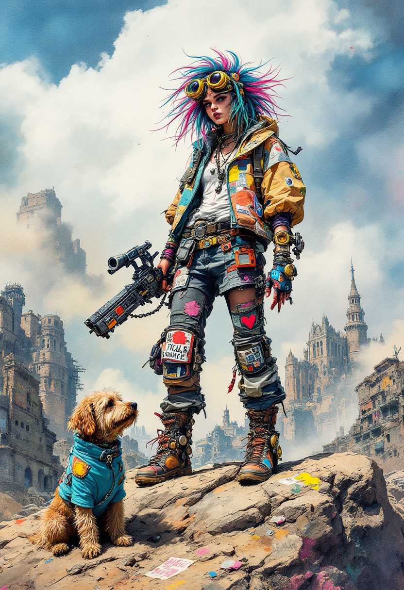 A large watercolor painting by Damien Hirst, showcasing kinetic art with an S-curve composition. The dynamic scene features an edgy, anarchic female explorer standing confidently atop a rocky outcrop in a post-apocalyptic landscape. Adorned in a patchwork of vibrant, mismatched clothing and eclectic accessories, her fierce and unapologetic energy radiates throughout the piece. Her wild hair, streaked with bold colors, flows in the wind as she surveys the desolate terrain filled with remnants of a once-thriving city. In one hand, she holds a quirky, steampunk-inspired weapon adorned with graffiti and colorful stickers, reflecting her punk spirit. At her feet, a scruffy dog with a mischievous glint in its eye eagerly, conceptual art, vibrant, poster, illustration. By Sasan
