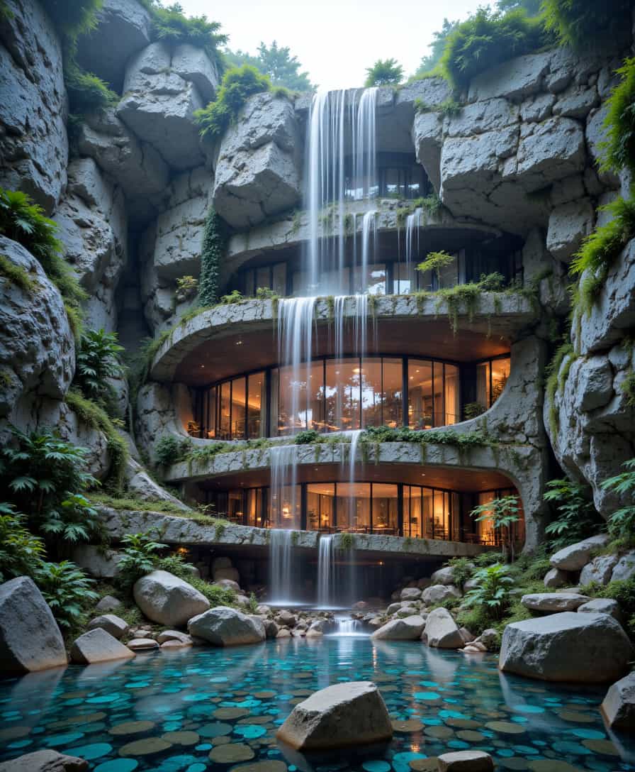 V1llas1nNa1ure, Villa embedded in a vertical waterfall: A luxury villa hidden within the rock face behind a massive vertical waterfall. The villa’s entrance is carved into the cliff, with water cascading in front of the glass façade, creating a shimmering, translucent effect. Natural stone walls and lush greenery surround the home, making it appear as if it’s part of the waterfall itself. 
