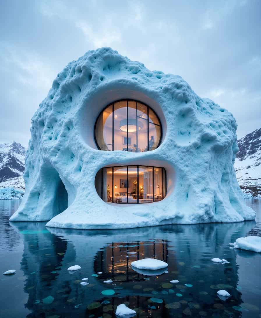 V1llas1nNa1ure,  A surreal, ultra-modern villa built within the heart of a massive iceberg, which floats serenely on a remote Arctic ocean. The villa is sculpted into the icy interior, with luminous walls of translucent blue ice forming natural rooms and corridors. Huge glass windows are carved directly into the glacier, offering surreal views of the surrounding frozen ocean and distant snow-covered mountains. Inside, warmth radiates from sleek geothermal heating, with minimalist luxury furniture contrasting against the ethereal icy walls. The villa drifts slowly with the iceberg, offering a constantly changing landscape. 