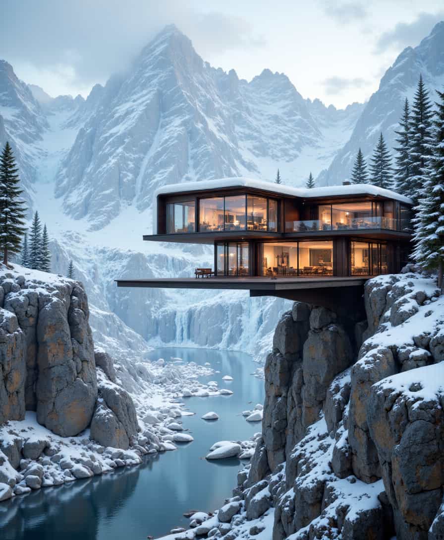 V1llas1nNa1ure, Villa suspended between two mountain peaks: A futuristic villa made of steel and glass, suspended by cables between two towering, snow-capped mountain peaks. The structure has floor-to-ceiling windows offering breathtaking panoramic views of the valleys below. Inside, minimalist décor and high-tech amenities emphasize the futuristic design, while the natural world is reflected in every surface. 