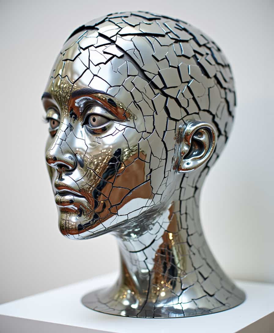 aidmaHyperrealism, aidmaimageupgrader, female head as abstract sculpture made of shattered mirrors, reflecting fragmented versions of the viewer. 
