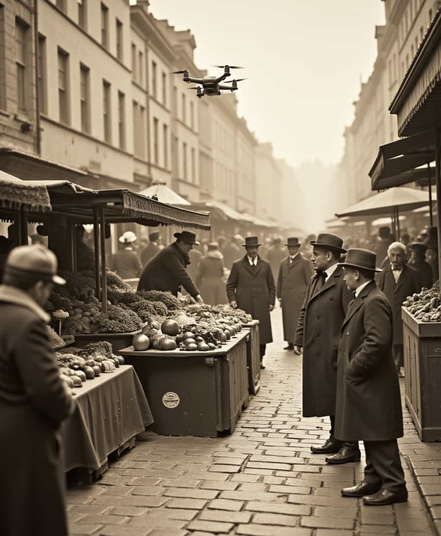 aidmaHyperrealism, aidmaimageupgrader,sepia old photo, early 20th century, Victorian street market, vendors selling produce, one vendor with a modern drone hovering above, cobblestone streets, lively crowd
