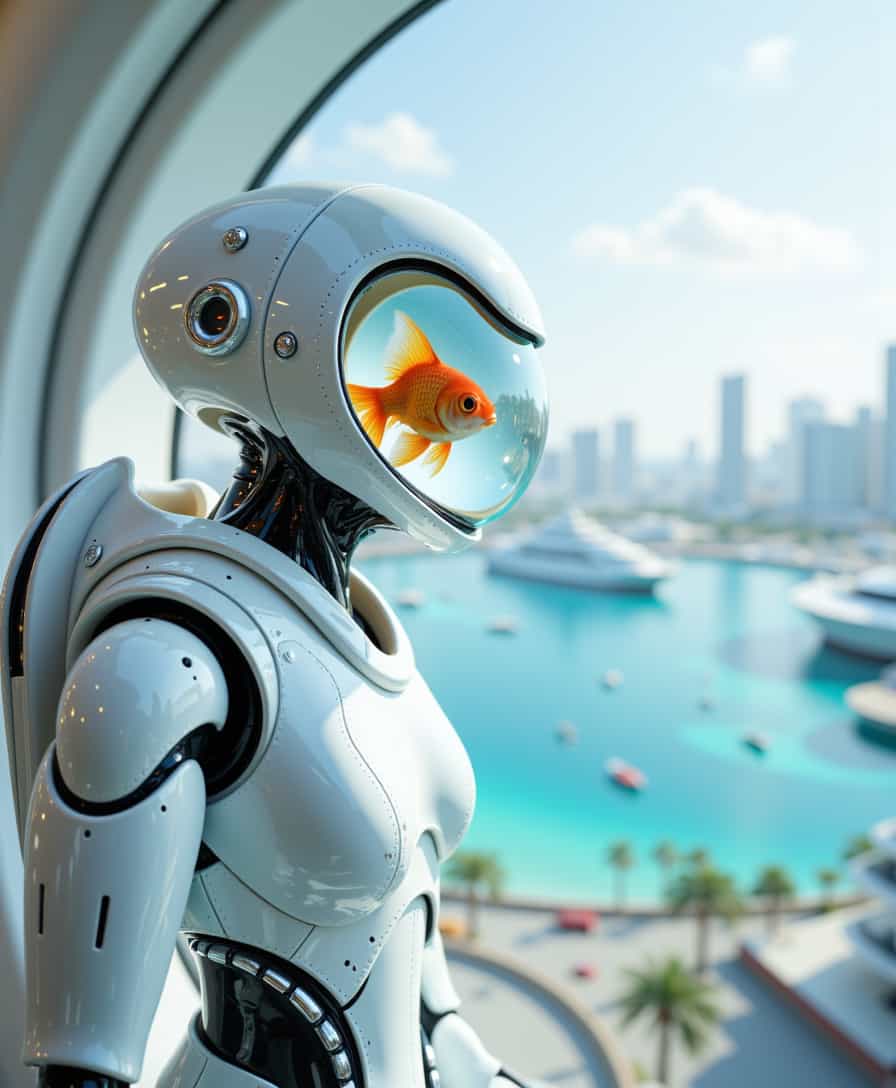 Robot with Fish Head in Futuristic Cityscape