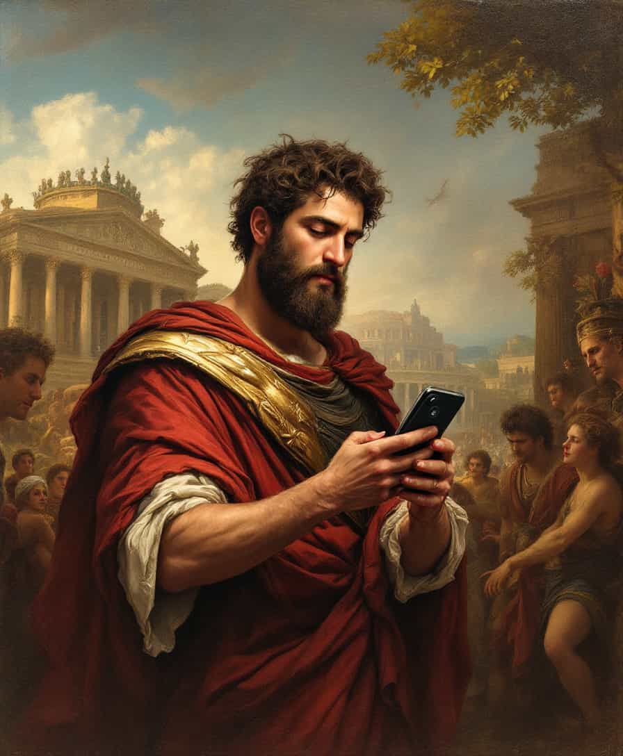 old historical oil painting from Julius Cesar holding a modern smartphone, ancient Rom in Background
