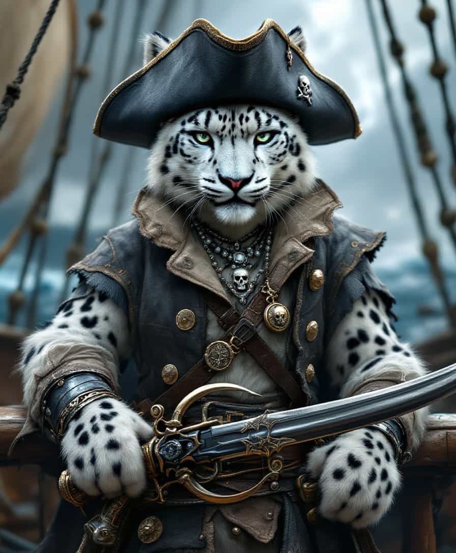An anthropomorphic cute snow leopard dressed in the attire of a pirate captain. His sleek, white fur, dappled with black rosettes, contrasts against the worn, weathered leather of his pirate hat, which is adorned with a silver skull and crossbones emblem. The hat is slightly tilted, casting a shadow over his piercing, ice-blue eyes. The snow leopard’s muscular frame is clothed in a rugged pirate coat, its dark, tattered edges flapping slightly in the sea breeze. A wide, ornate belt cinches the coat at the waist, holding a gleaming, curved cutlass and several flintlock pistols, all intricately decorated with swirling engravings. Around his neck hangs a jewelry-studded medallion. His paws, adorned with silver bracelets, are sharp and ready for battle. In the background, the deck of a pirate ship creaks beneath his feet, with billowing sails fluttering against a stormy sky. Lighting in the distance ,the sea churns violently, reflecting the dangerous life of a pirate.
