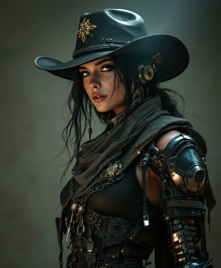 westernpunk style portrait of a cyberpunk woman, a cowgirl, wearing a cowboy hat and western gear. She has mechanical_arms, and cybernetic implants on her face. She is standing in front of a simple background.    realistic, realism, chiaroscuro, cinematic quality, rays of light, play of shadow and light,
