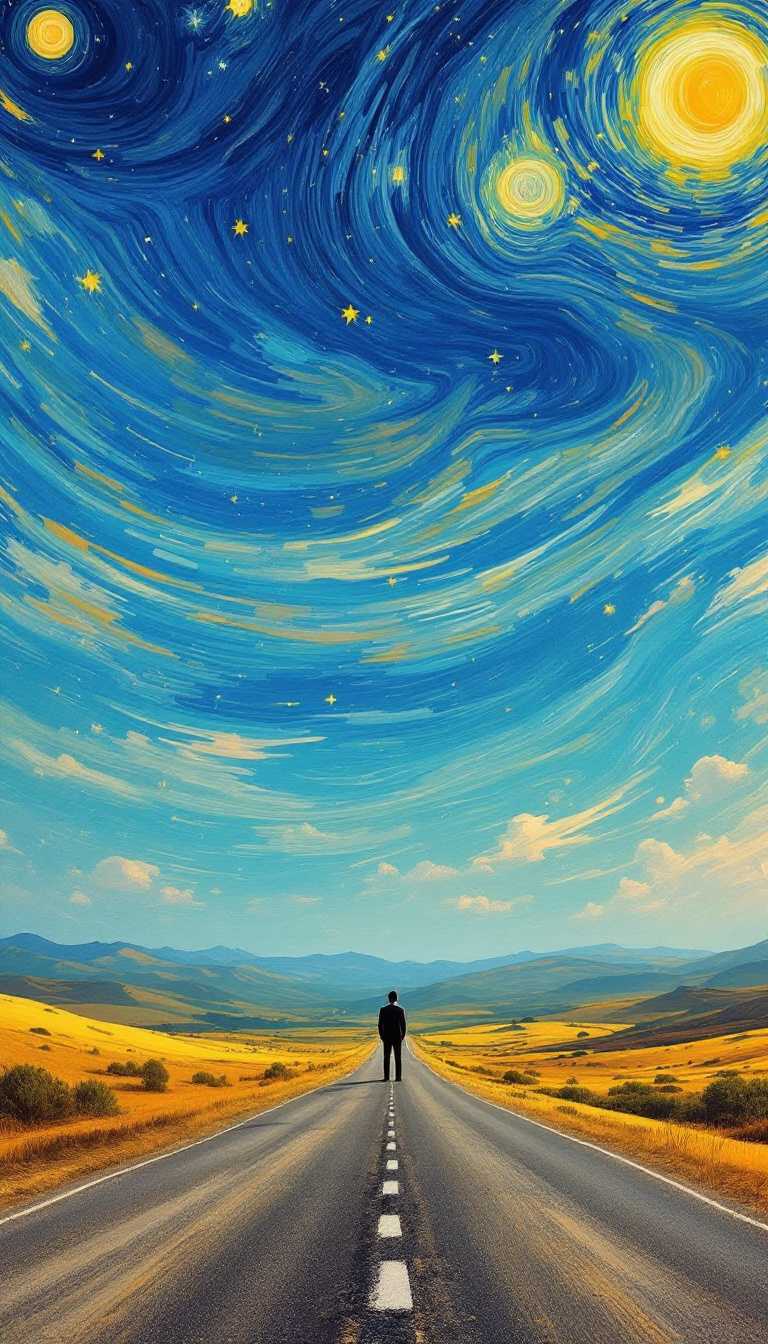 only the sky as Gogh style, land is photorealistic, the man standing alone on the land, the man as photorealistic and cinematic