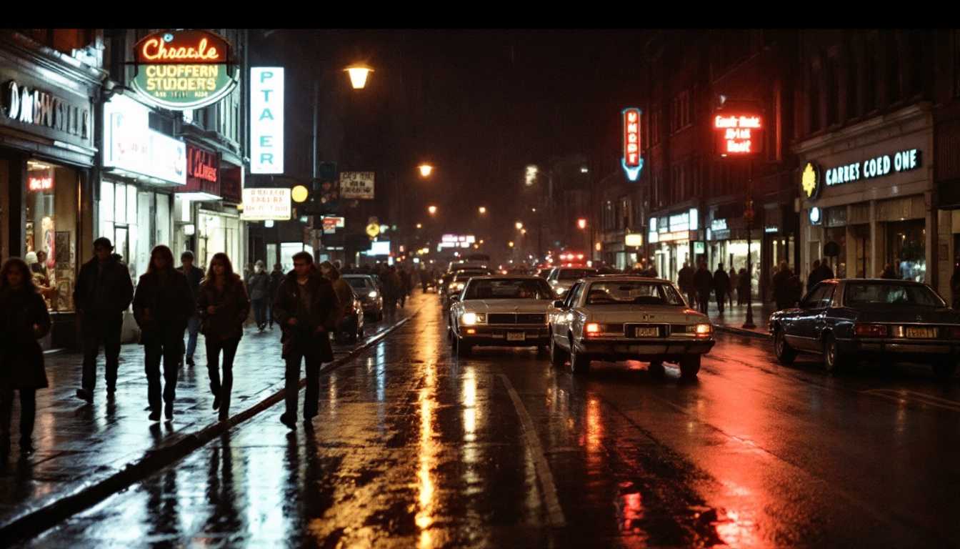 City street at night, early 1980s. Light rain leaving reflections on pavement. Subtle neon signs from shops. A few vintage cars parked along the street. Pedestrians in practical 80s fashion - leather jackets, jeans, simple dresses. Warm streetlights casting a soft glow. Slightly grainy image quality.