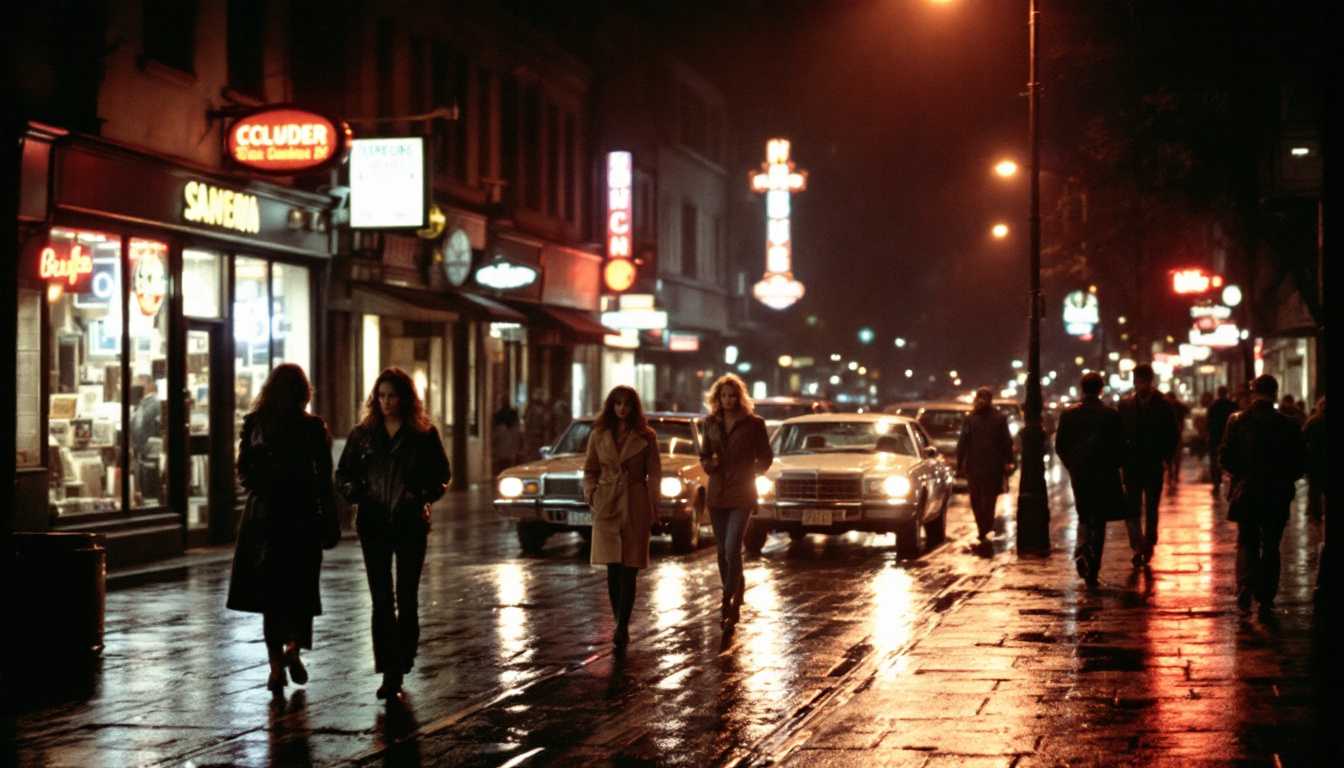 City street at night, early 1980s. Light rain leaving reflections on pavement. Subtle neon signs from shops. A few vintage cars parked along the street. Pedestrians in practical 80s fashion - leather jackets, jeans, simple dresses. Warm streetlights casting a soft glow. Slightly grainy image quality.