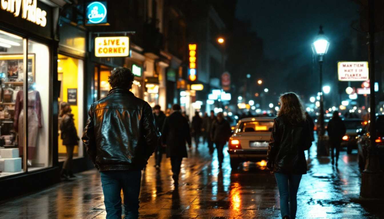 City street at night, early 1980s. Light rain leaving reflections on pavement. Subtle neon signs from shops. A few vintage cars parked along the street. Pedestrians in practical 80s fashion - leather jackets, jeans, simple dresses. Warm streetlights casting a soft glow. Slightly grainy image quality.