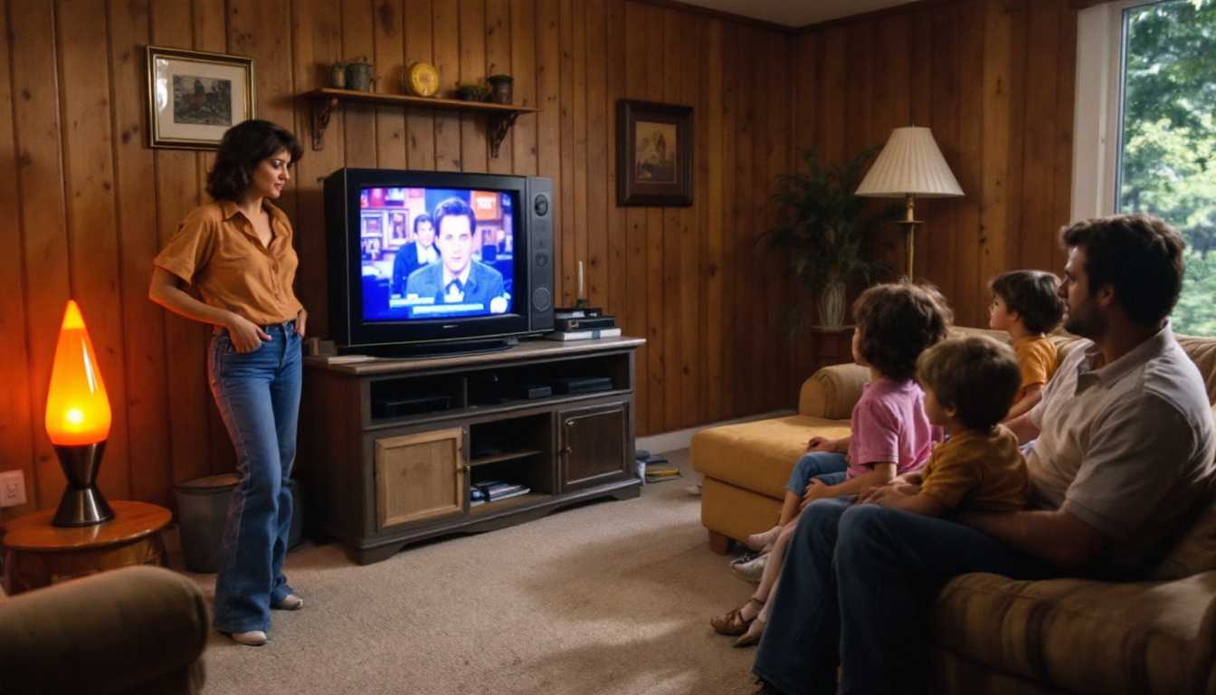 Family living room, 1983. Wood-paneled walls, modest TV playing a popular show. One simple lava lamp on a side table. Neutral carpet. Family in casual 80s wear - mom in high-waisted jeans and blouse, dad in slacks and polo shirt, kids in t-shirts and corduroys. Subtle 80s hairstyles. Warm, slightly faded color tones.