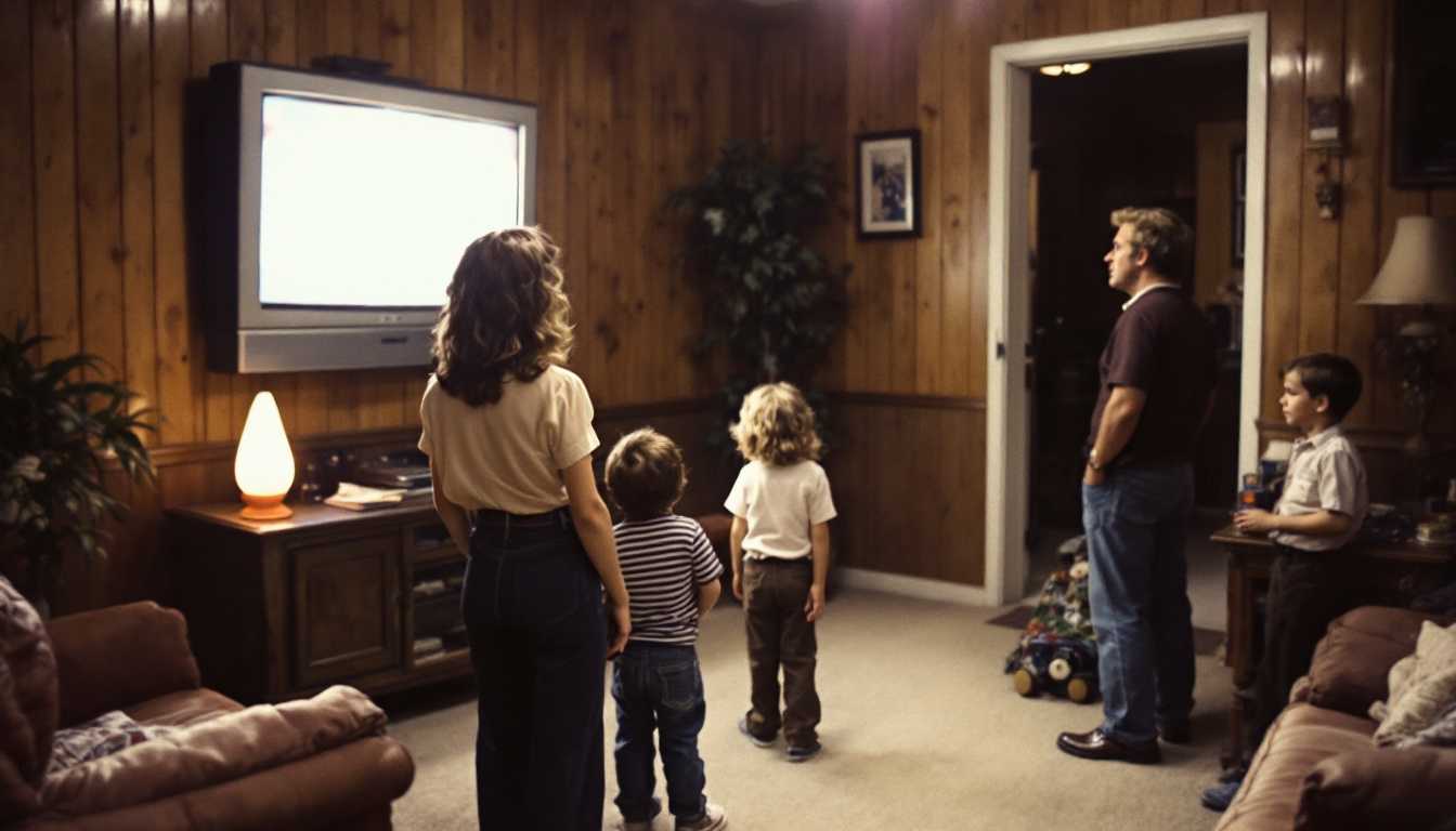 Family living room, 1983. Wood-paneled walls, modest TV playing a popular show. One simple lava lamp on a side table. Neutral carpet. Family in casual 80s wear - mom in high-waisted jeans and blouse, dad in slacks and polo shirt, kids in t-shirts and corduroys. Subtle 80s hairstyles. Warm, slightly faded color tones.
