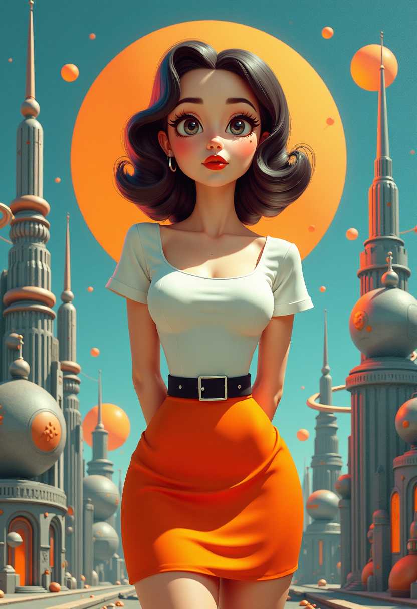This image is a 3D rendered scene that captures a stylized female figure in a vibrant and dramatic setting. The art style is reminiscent of a pinup or burlesque aesthetic, with a focus on exaggerated curves and a playful, seductive pose. This is an oil painting on canvas, characterized by its vivid colors and dynamic brushstrokes. The painting depicts a 3d cartoon girl, chibi big head, large eyes, hands behind back, with a vintage aesthetic, reminiscent of the 1940s to 1950s pinup style. In the foreground, we see the girl, dressed in a white blouse with a high neckline and a black belt that cinches her waist. Her hair is styled in a classic wave, reminiscent of the 1950s. She is wearing a skirt that is a mix of orange and white, with the orange appearing to be a fabric or a translucent overlay.Behind the woman, there is a complex and detailed futuristic cityscape. The buildings are sleek and metallic, with spherical and cylindrical shapes that suggest advanced technology. The cityscape is bathed in a warm orange glow, which contrasts with the cool blues of the sky and the womans attire. Floating orbs and rings add to the otherworldly ambiance.The overall composition of the image is balanced, with the woman positioned centrally and the cityscape receding into the background. The perspective is slightly skewed, with the buildings and orbs appearing to be closer to the viewer than they actually are, creating a sense of depth and intrigue.The lighting in the image is dramatic, with highlights and shadows that give the objects and the womans form a threedimensional quality. The light source appears to be coming from the upper left, casting a warm glow on the girl and the cityscape, while the rest of the scene is bathed in cooler tones.In summary, this image is a digital painting that combines the nostalgic allure of pinup art with the speculative elements of science fiction. The use of color, lighting, and composition creates a visually compelling and thoughtprovoking piece that invites the viewer to ponder the intersection of past and future.