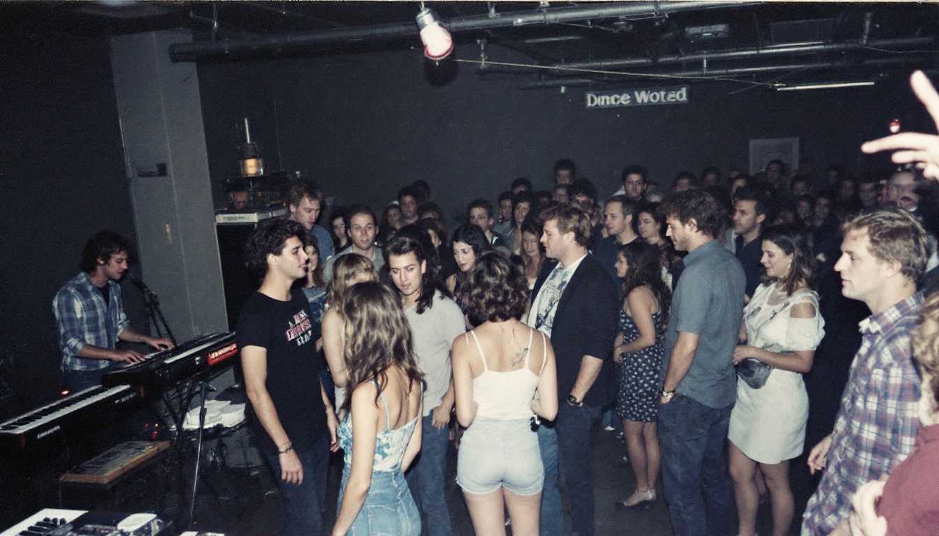 Small nightclub interior, 1985. Local band playing synthesizers and drum machine on a low stage. Crowd in everyday 80s outfits - jeans, simple dresses, casual shirts. Subtle makeup and hairstyles. Low key lighting with a few colored stage lights. Slightly grainy image.