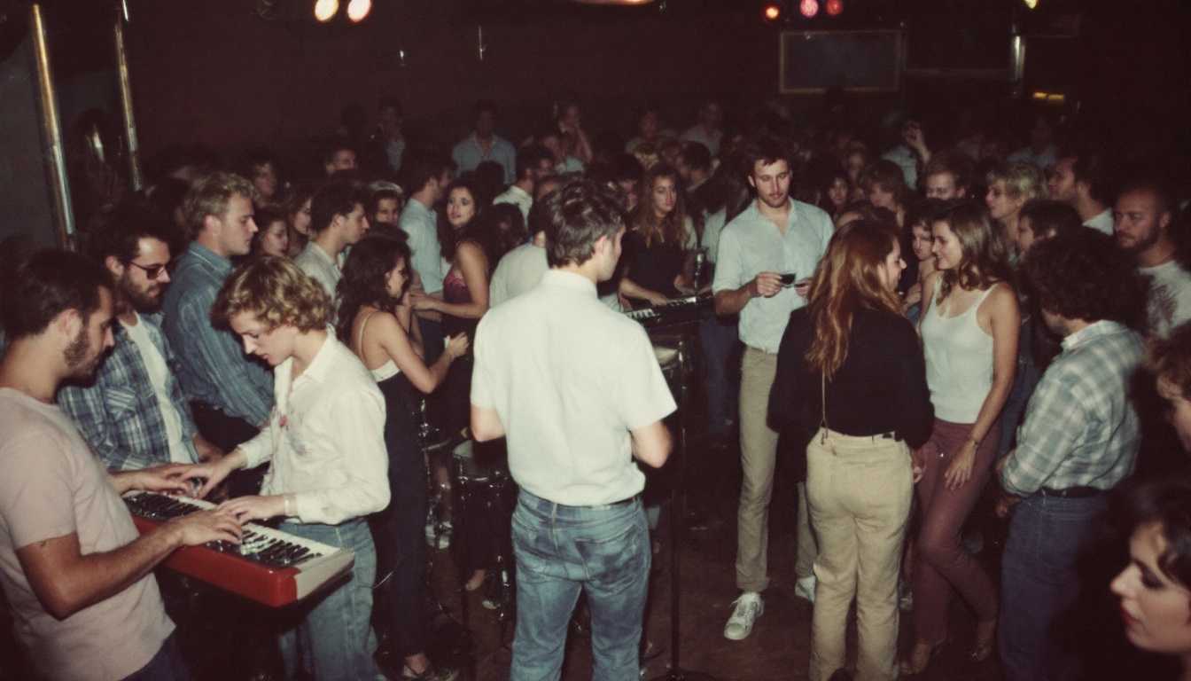Small nightclub interior, 1985. Local band playing synthesizers and drum machine on a low stage. Crowd in everyday 80s outfits - jeans, simple dresses, casual shirts. Subtle makeup and hairstyles. Low key lighting with a few colored stage lights. Slightly grainy image.