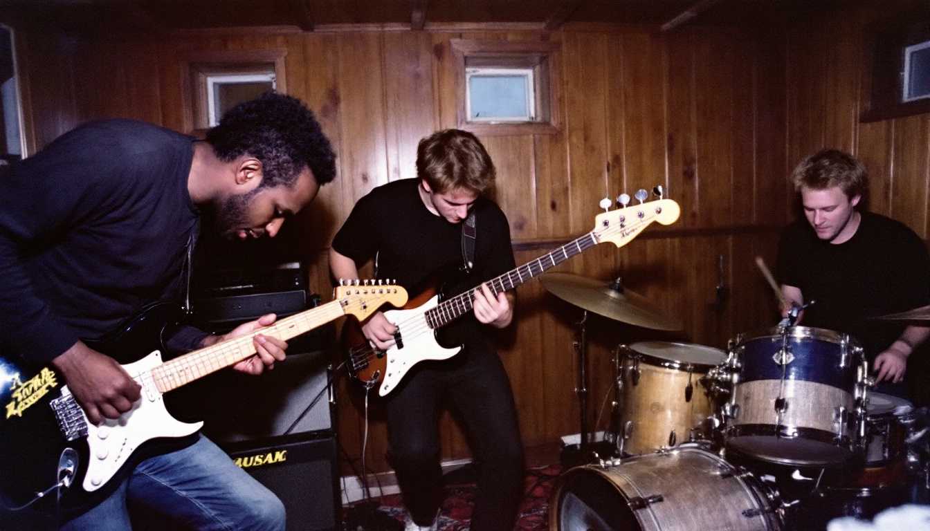 1980s basement jam session. Three-piece band playing energetically: African American guitarist bending over his electric guitar, brown-haired bassist plucking intensely, blonde drummer hitting the skins. All wearing black shirts and blue jeans. Cramped space with wood paneling, small windows. Amps and cables visible. Warm, slightly dim lighting. Grainy image quality.