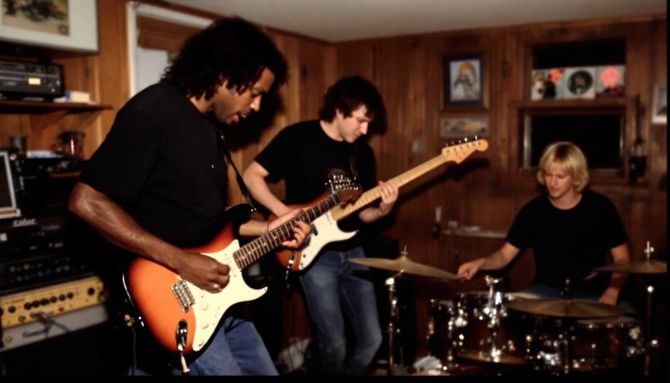1980s basement jam session. Three-piece band playing energetically: African American guitarist bending over his electric guitar, brown-haired bassist plucking intensely, blonde drummer hitting the skins. All wearing black shirts and blue jeans. Cramped space with wood paneling, small windows. Amps and cables visible. Warm, slightly dim lighting. Grainy image quality.