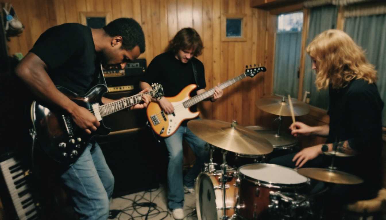 1980s basement jam session. Three-piece band playing energetically: African American guitarist bending over his electric guitar, brown-haired bassist plucking intensely, blonde drummer hitting the skins. All wearing black shirts and blue jeans. Cramped space with wood paneling, small windows. Amps and cables visible. Warm, slightly dim lighting. Grainy image quality.