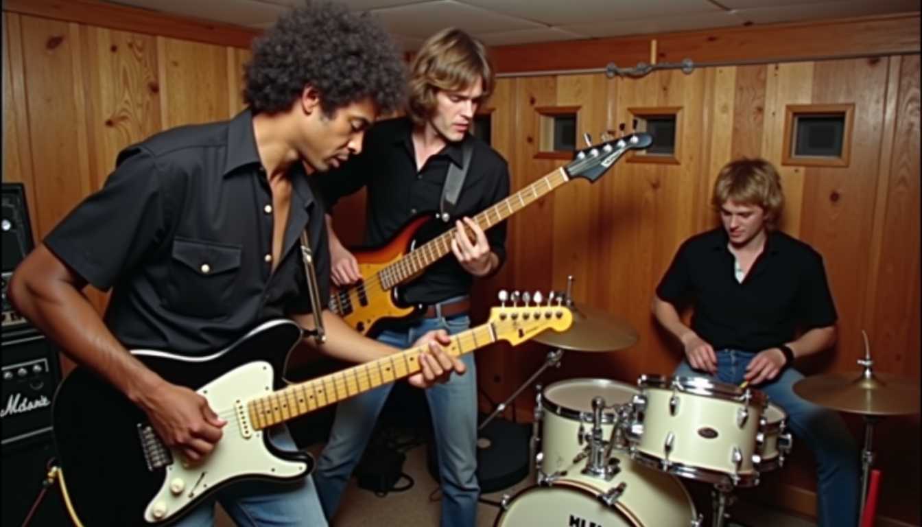 CNSTLL, 1980s basement jam session. Three-piece band playing energetically: African American guitarist bending over his electric guitar, brown-haired bassist plucking intensely, blonde drummer hitting the skins. All wearing black shirts and blue jeans. Cramped space with wood paneling, small windows. Amps and cables visible. Warm, slightly dim lighting. Grainy image quality.