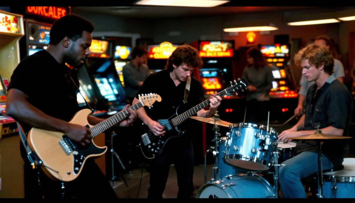 Retro arcade, 1985. Band performing between game cabinets: African American guitarist strumming powerfully, brown-haired bassist grooving, blonde drummer on a compact kit. All in black shirts and jeans. Arcade games flashing in background. Few onlookers in casual 80s wear. Muted neon lights. Slightly faded color palette.