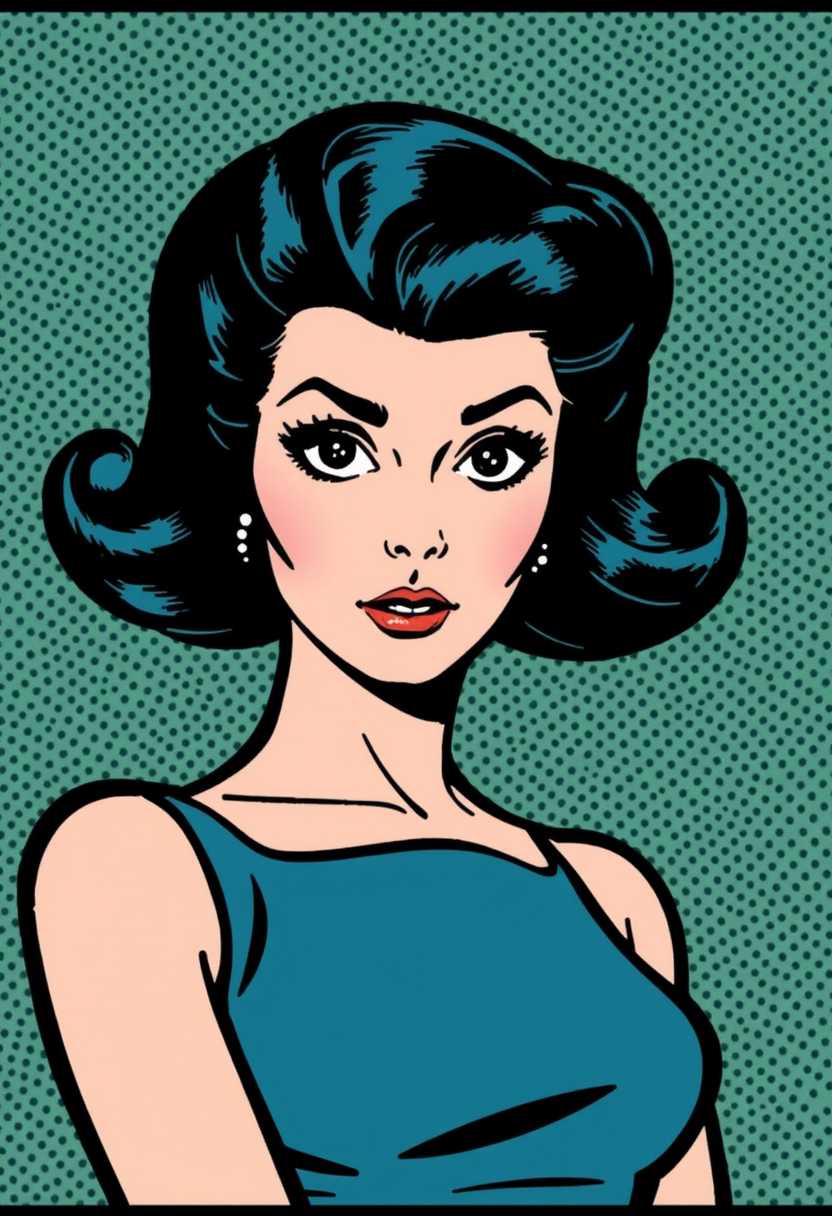This image is a vintage comic book panel, characterized by its bold lines, flat colors, and dramatic presentation. The medium is a form of print illustration, specifically a comic strip, which is a sequence of panels that tell a story or sequence of events.The art style is reminiscent of the 1940s to 1960s American comic book era, known for its exaggerated features and dynamic compositions. The character depicted is a woman  large eyes, with voluminous dark hairstyled in a fashion that is reminiscent of the pinup era, which was popular during the same time period. The hair is drawn with thick, curvilinear lines that give it a sense of movement and volume.This image features a dramatic portrait of a woman wearring a sleeveless dress. The background is a textured green.
