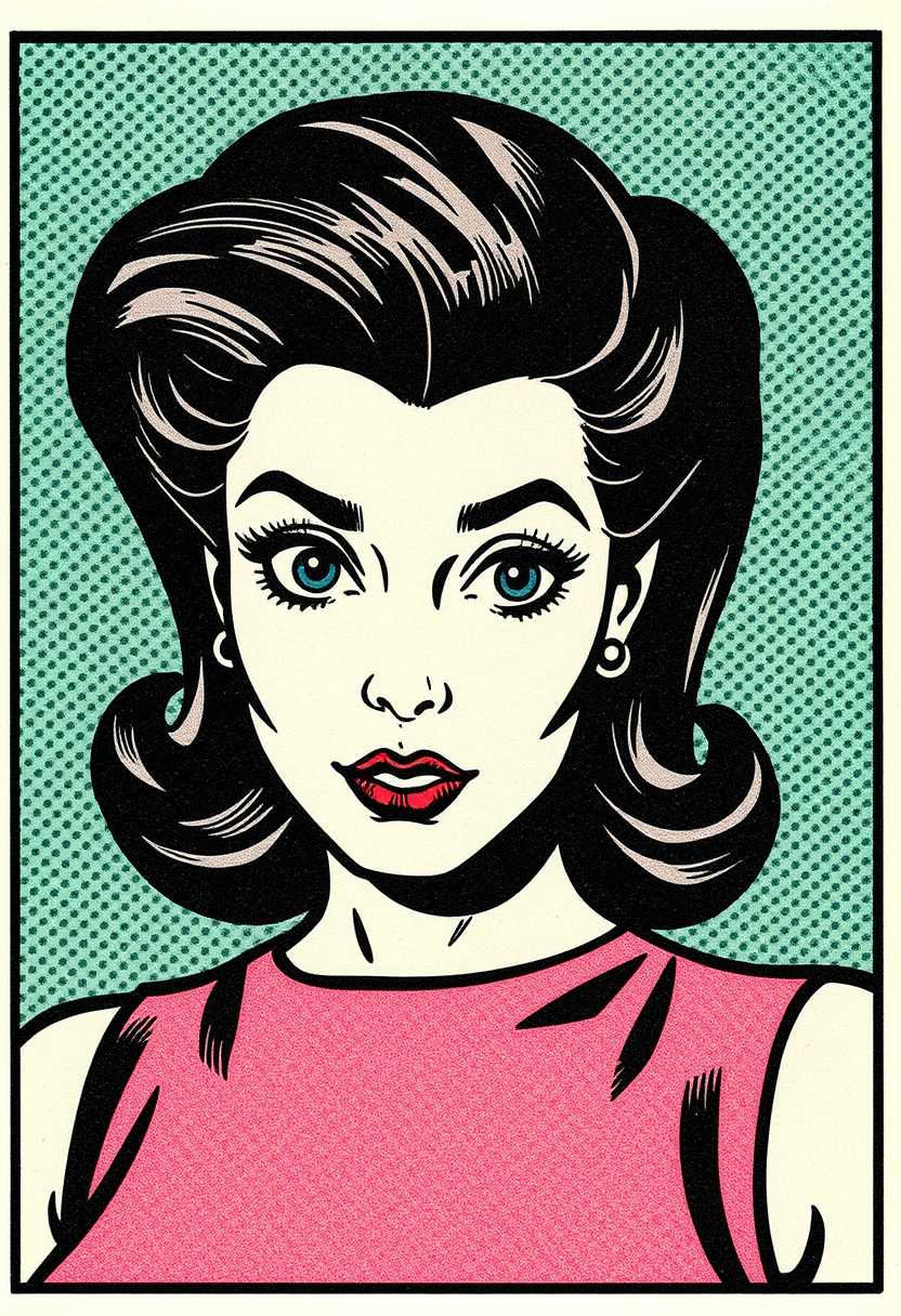 This image is a vintage comic book panel, characterized by its bold lines, flat colors, and dramatic presentation. The medium is a form of print illustration, specifically a comic strip, which is a sequence of panels that tell a story or sequence of events.The art style is reminiscent of the 1940s to 1960s American comic book era, known for its exaggerated features and dynamic compositions. The character depicted is a woman  large eyes, with voluminous dark hairstyled in a fashion that is reminiscent of the pinup era, which was popular during the same time period. The hair is drawn with thick, curvilinear lines that give it a sense of movement and volume.This image features a dramatic portrait of a woman wearring a sleeveless dress. The background is a textured green.