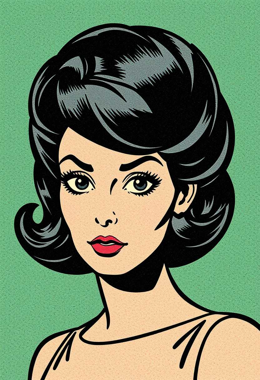 This image is a vintage comic book panel, characterized by its bold lines, flat colors, and dramatic presentation. The medium is a form of print illustration, specifically a comic strip, which is a sequence of panels that tell a story or sequence of events.The art style is reminiscent of the 1940s to 1960s American comic book era, known for its exaggerated features and dynamic compositions. The character depicted is a woman  large eyes, with voluminous dark hairstyled in a fashion that is reminiscent of the pinup era, which was popular during the same time period. The hair is drawn with thick, curvilinear lines that give it a sense of movement and volume.This image features a dramatic portrait of a woman wearring a sleeveless dress. The background is a textured green.