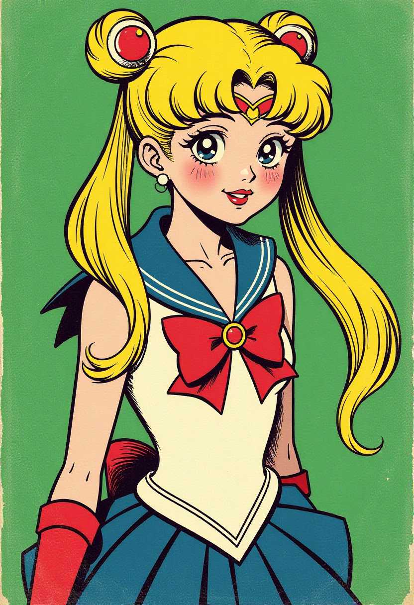 This image is a vintage comic book panel, characterized by its bold lines, flat colors, and dramatic presentation. The medium is a form of print illustration, specifically a comic strip, which is a sequence of panels that tell a story or sequence of events.The art style is reminiscent of the 1940s to 1960s American comic book era, known for its exaggerated features and dynamic compositions. The character depicted is sailor moon wearing a sleeveless dress. The background is a textured green.