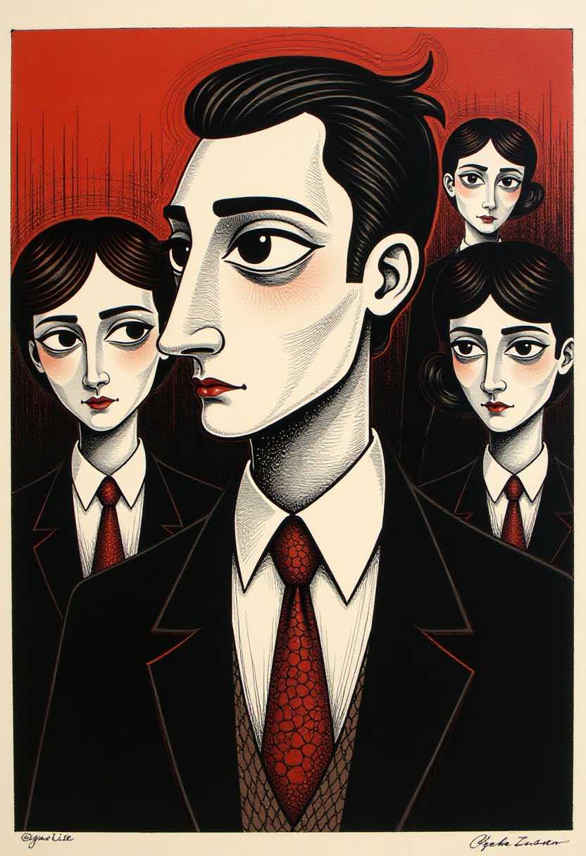 This image is a color, cubiststyle artwork. The medium appears to be a form of printmaking, possibly a lithograph or a woodcut, given the texture and the way the ink has been applied to the paper. The colors are primarily black and red, with some white shading that adds depth and contrast to the piece.The central figure in the image is a male figure with a prominent, angular jawline and a single, large eye. His hair is swept back, and he is wearing a suit with a patterned tie. The suit jacket is open, revealing a white shirt with a collar. The figures expression is one of intense focus or concern, and his mouth is agape as if he is speaking or shouting.Surrounding the central figure are four female figures, each with a unique hairstyle and a single eye visible. Their faces are not fully visible, but their eyes are prominent and detailed, with thick, dark eyelashes. The women are dressed in what appears to be clothing from the early 20th century, with tailored suits and hats. Their expressions are varied, with some appearing to be listening intently to the central figure, while others seem to be more contemplative or detached.In the background, there is a blurred figure that seems to be a continuation of the central male figure, with similar features and attire. The background is mostly nondescript, with a few lines and shapes that could be interpreted as part of the composition or simply the result of the printmaking process.
