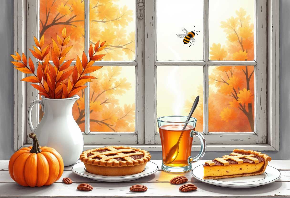 Autumn Window Sill with Pumpkin Pie and Tea