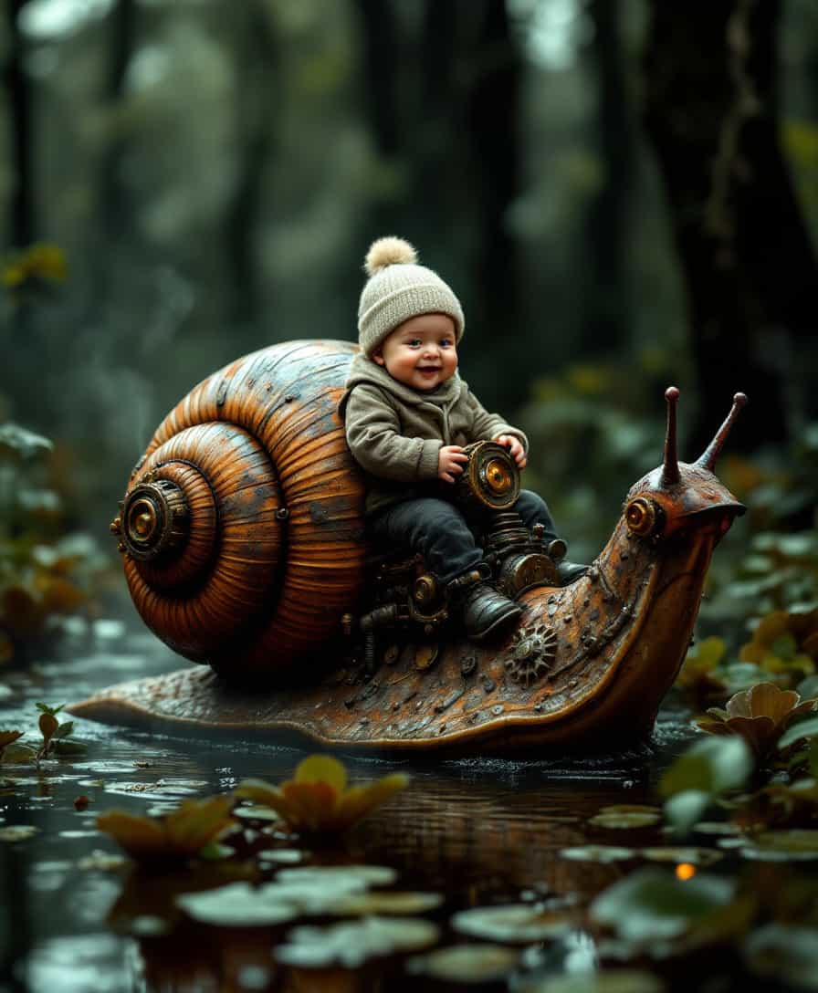 Adorable Baby Riding a Snail Sculpture in a Forest
